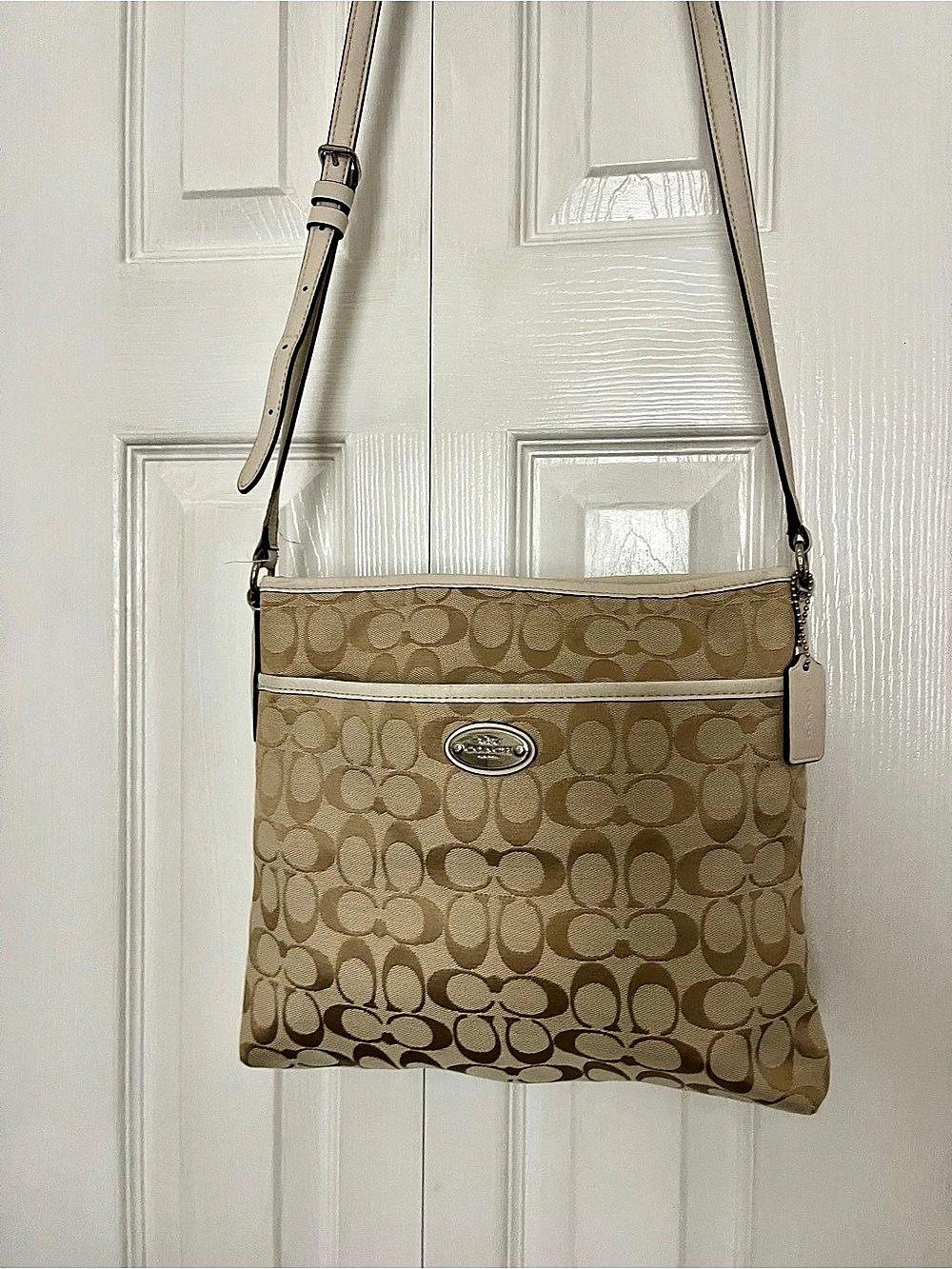 Coach Signature File Crossbody Signature Canvas Bag Beige & White